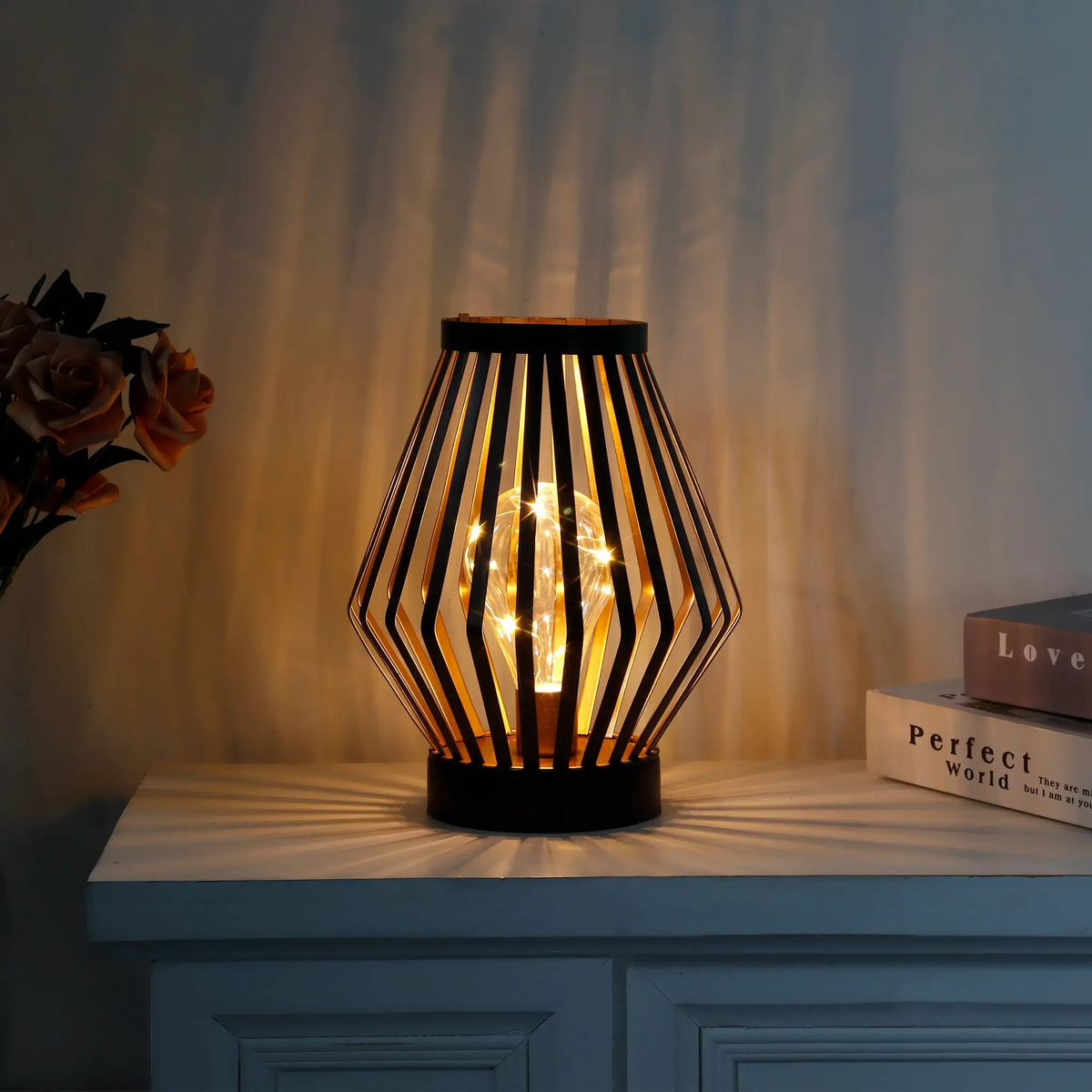 8.7in tall battery-powered diamond-shaped table lamp with warm light