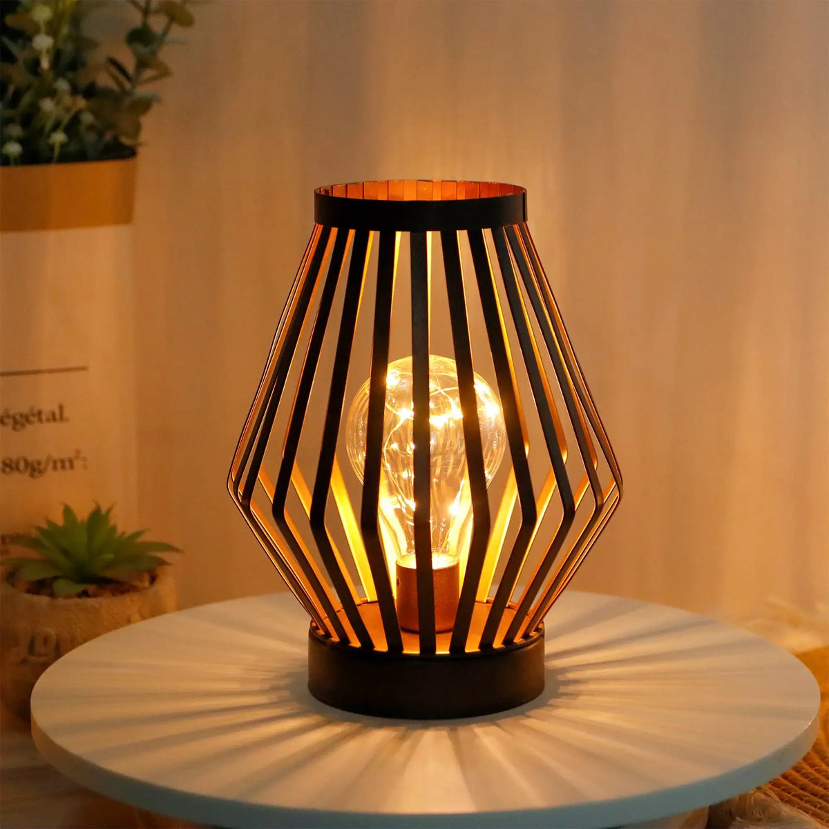 Diamond-shaped battery-powered table lamp, 8.7in tall, black metal frame by JHY DESIGN.