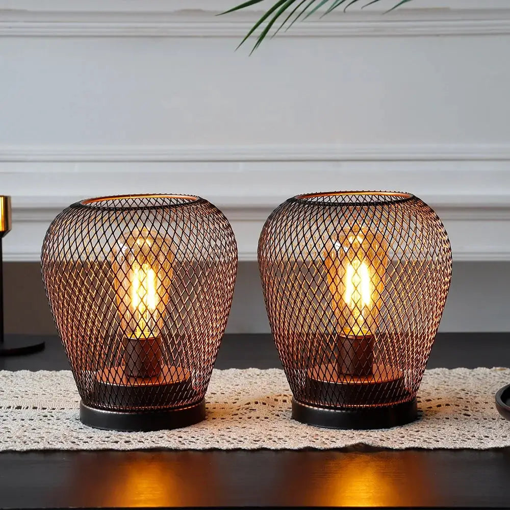 JHY Design 6.7-inch tall battery-powered outdoor table lamps, set of 2, copper mesh cages with warm glow