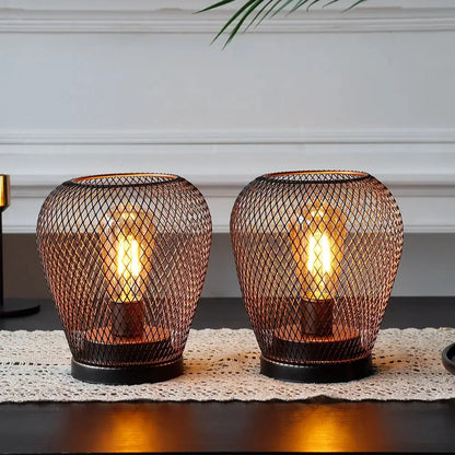 JHY Design 6.7-inch tall battery-powered outdoor table lamps, set of 2, copper mesh cages with warm glow